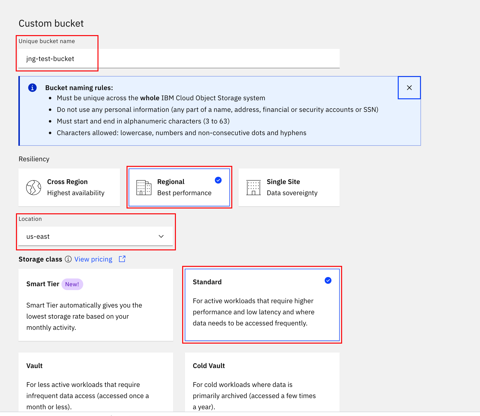 IBM COS Custom Bucket Settings